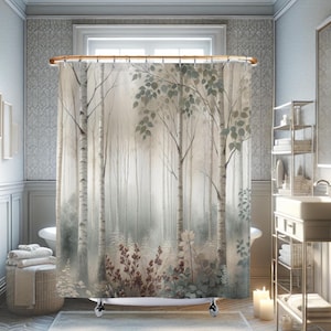 Birch Trees Watercolor Fabric Shower Curtains Winter Birch Forest Bathroom Decor Rustic Bath Curtain Wildlife Bathroom Spa Birch Forest Gift