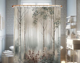 Birch Trees Watercolor Fabric Shower Curtains Winter Birch Forest Bathroom Decor Rustic Bath Curtain Wildlife Bathroom Spa Birch Forest Gift