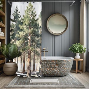 May include: A white shower curtain featuring a watercolor-style print of tall pine trees in shades of green and brown. The design depicts a dense forest scene with vertical tree trunks extending from the bottom to the top of the fabric curtain.