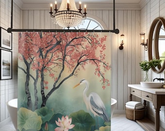 Heron and Lotus Shower Curtain | Watercolor art I Cherry Blossom Tree Bathroom Decor