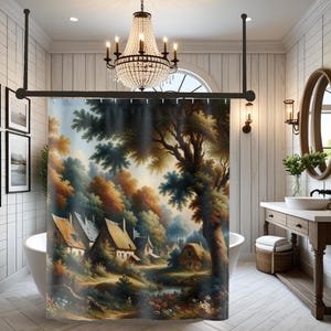 Serene Landscape and Cottage Fabric Shower Curtain Nature Decor for Bathroom Rustic Home Accents Gift for Housewarming Woodland Tree Art