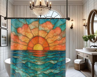 Cortina de ducha con diseño de amanecer en vitral / Decoración de baño con olas del océano / Arte de acuarela para cabina de baño en tonos verde azulado
