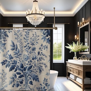 Eleganter blauer Toile Blumen-Duschvorhang Vintage inspiriertes botanisches Dekor Badezimmer Home Spa-Badvorhänge Tranquil Vibes Vintage Ästhetik