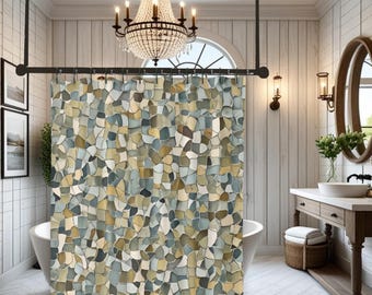 Cortina de ducha de mosaico en tonos tierra neutros: decoración de baño bohemia moderna