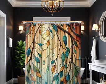 Stained Glass Inspired Watercolor Willow Tree Branch and Leaves Fabric Shower Curtain Rain Drops Botanical Nature Inspired Bath Gift For Her