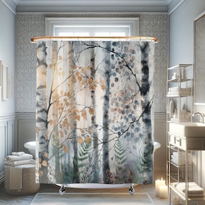 Birch Trees Watercolor Fabric Shower Curtains, Winter Birch Forest Bathroom Decor,  Woodland Wildlife Bathroom Spa Birch Forest