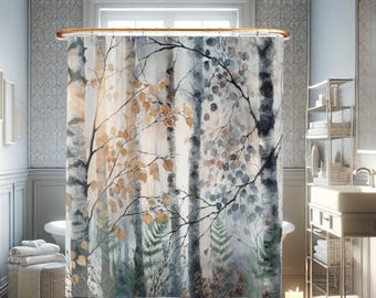 Rideau de douche aquarelle bouleau : décoration de salle de bain forêt hivernale