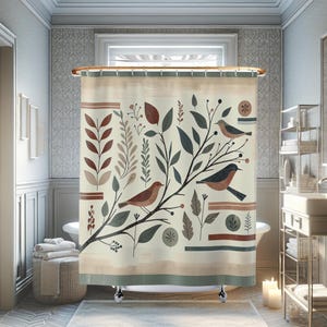 Boho Botanische Stoff Duschvorhänge Vögel mit Blättern Boho Duschvorhang Boho Badvorhang Vintage-Stil Natur Vorhang Botanical