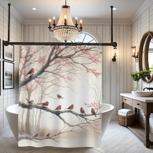 Tranquil Nature Fabric Shower Curtain Red Robins on a Blooming Tree Branch Design Rustic Watercolor Bathroom Decor Gift for Nature Lovers