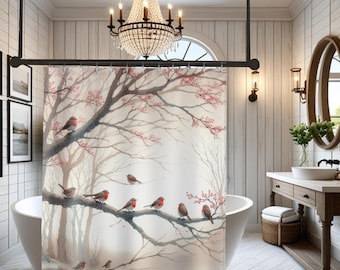 Rideau de douche Red Robins : branche d'arbre en fleurs, décoration de salle de bain aquarelle