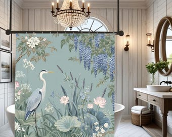 Heron Bird I Wisteria Water Botanical Shower Curtains Asian Inspired Fabric Bath Stall Curtain