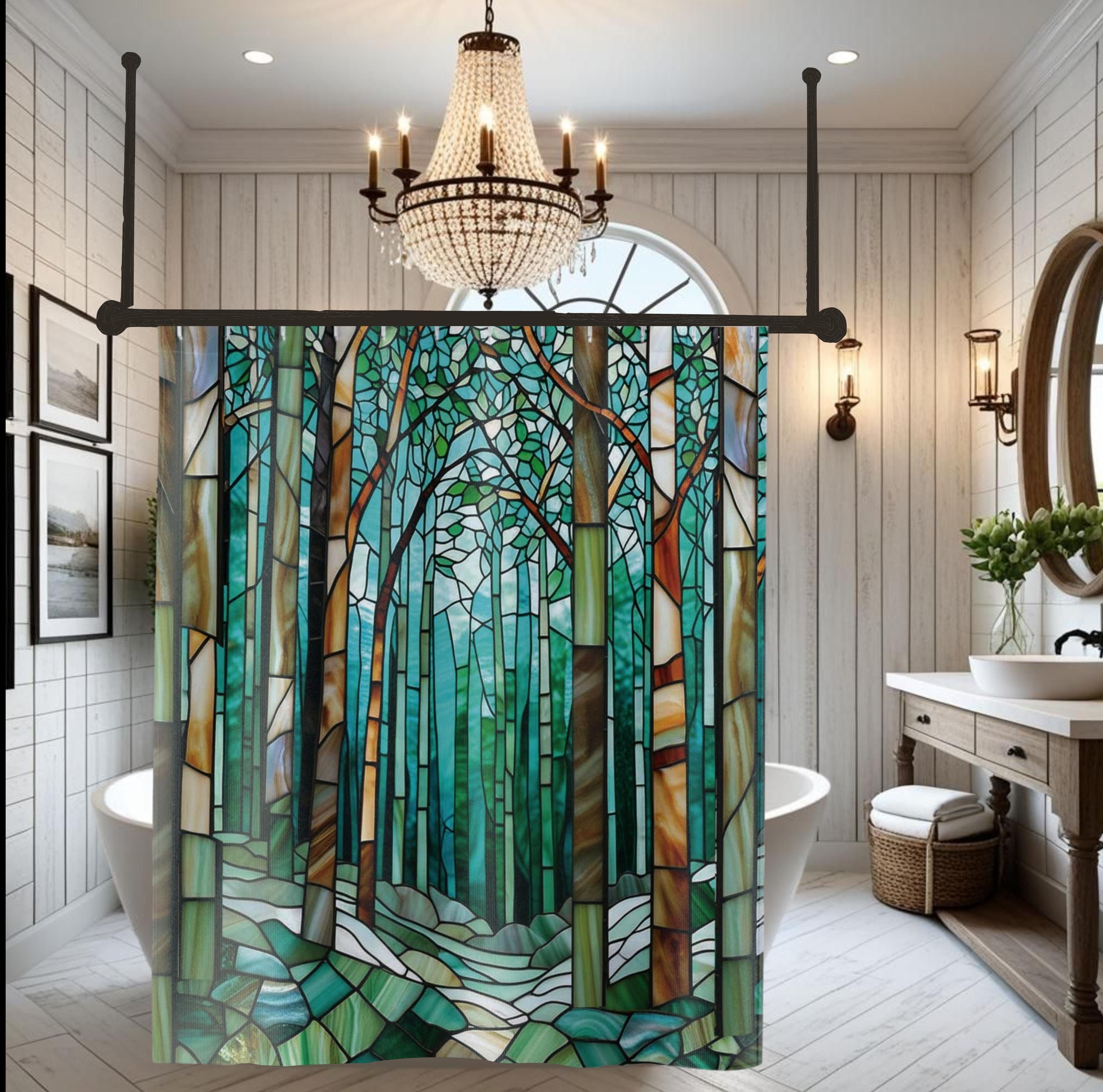 Stained Glass Forest Shower Curtain Birch Tree Woodland Bathroom