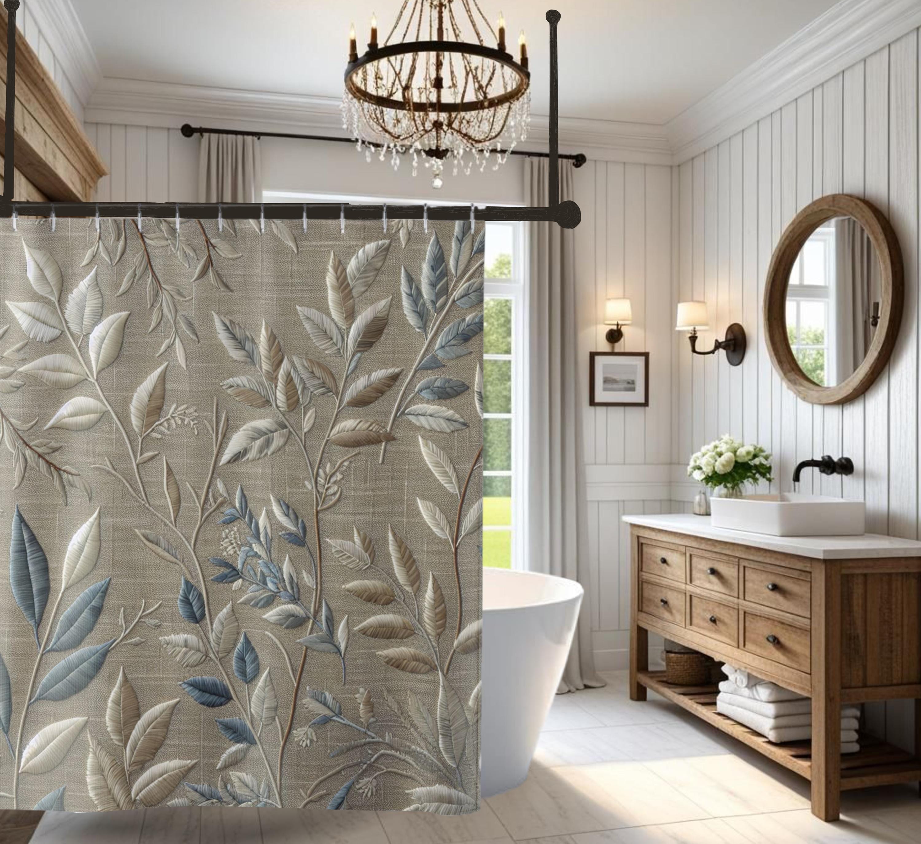 Elegant Faux Linen Print w/ Faux Embroidery Leaves Botanical Taupe Sage Fabric Shower Curtains Home Decor Eco Friendly Bathroom Unique Gift