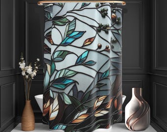 Cortina de ducha con vitrales de sauce: hojas en verde azulado y ámbar, decoración botánica para el baño.