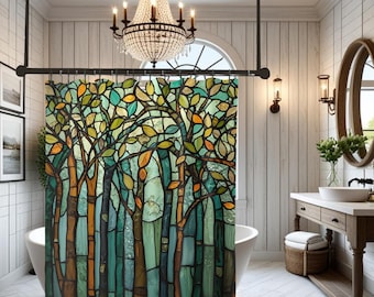 May include: A shower curtain featuring a stained glass style forest pattern with vertical tree trunks in shades of brown and teal, accented by a canopy of leaves in vibrant green, yellow, and orange hues, suspended from a black metal rod.