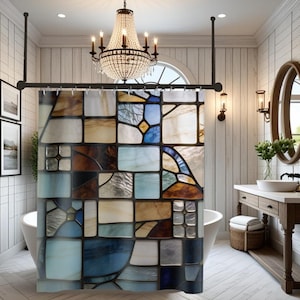 Stained Glass Pattern Shower Curtain | Blue Brown Mosaic Tiles