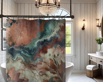 Modern Art Print Metal Curtain Print Fabric Shower Curtain, Antique Patina Copper Distressed Decor Modern Bathroom Green Bath Abstract Art