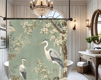 Green Heron Shower Curtain - Vintage Asian Trees I Floral Nature Design