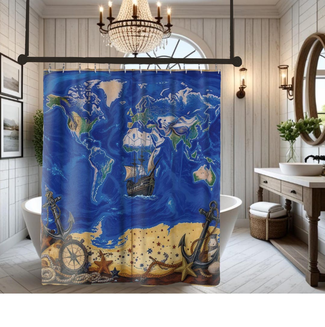 Nautical World Map Shower Curtain | Ocean Map, Vintage Ship, Anchors - Etsy