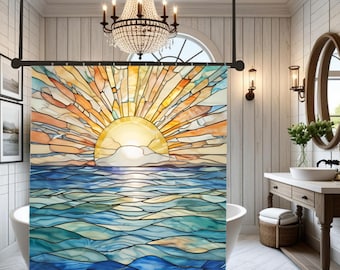 Cortina de ducha con vitrales y puesta de sol en el océano - Cortina de baño de tela con vibrantes motivos costeros