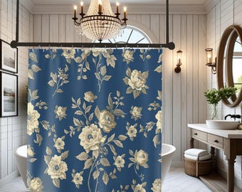 Vintage Roses on Historic Victorian Blue Shower Curtain |Cream  Floral Bathroom Decor