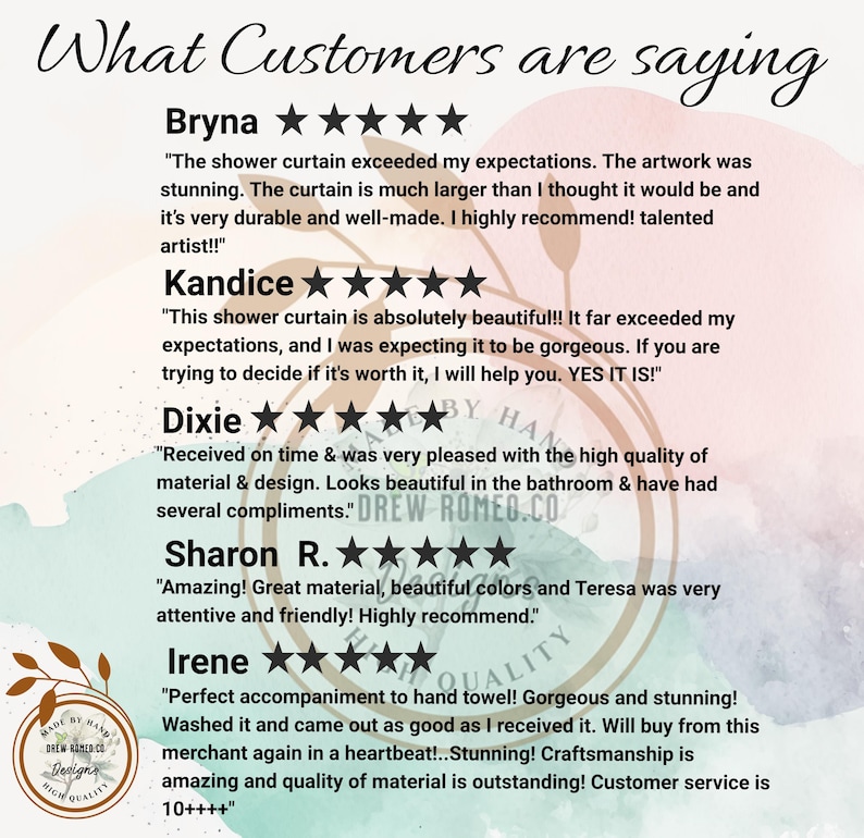 Op de afbeelding: Een klantbeoordelingsafbeelding met de titel What Customers are saying, met vijfsterrenbeoordelingen van Bryna, Kandice, Dixie, Sharon R. en Irene. De tekst bevat getuigenissen over douchegordijnen, kwaliteit en service, met een rond logo.