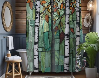 May include: A shower curtain featuring a stained glass pattern of white birch tree trunks with black horizontal markings against a background of various shades of green glass panels and scattered orange and brown autumn leaves.