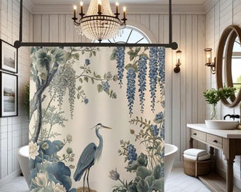 Reiger Botanische Blauweregen Crème Blauwe Schaal I Neutraal Douchegordijn Aquarel Aziatisch Geïnspireerd Decor