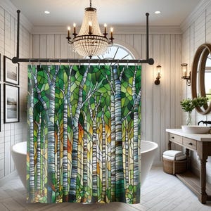 Watercolor Birch Tree Shower Curtain: Stained Glass Forest Bathroom Decor