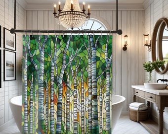 Watercolor Birch Tree Shower Curtain: Stained Glass Forest Bathroom Decor