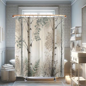 Birch Trees Watercolor Fabric Shower Curtains, Winter Birch Forest Bathroom Decor, Rustic Bath Curtain, Wildlife Bathroom Spa Birch Forest