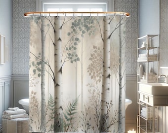 Rideau de douche aquarelle forêt de bouleaux : décoration de salle de bain hivernale rustique