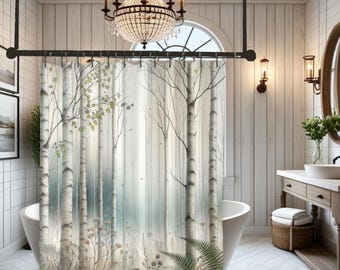 Birch Forest Shower Curtain: Ethereal Watercolor Nature Bathroom Decor