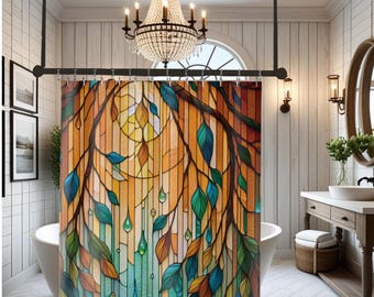 Douchegordijn met gebrandschilderd glas wilg: aquarel, botanisch baddecor