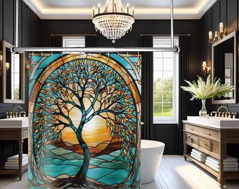 Cortina de ducha con diseño de árbol de vidrieras: decoración de baño en color turquesa inspirada en la naturaleza.