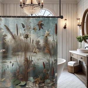 Serene Nature Shower Curtains Floral Bathroom Decor Botanical Art Bathroom Accessories Garden Vibes Eco-Friendly Design Waterscape Woodland