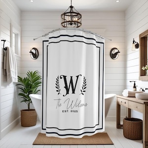 Monogrammed Bath Set: Black and White Personalized Shower Curtain, Bath Mat & Hand Towel