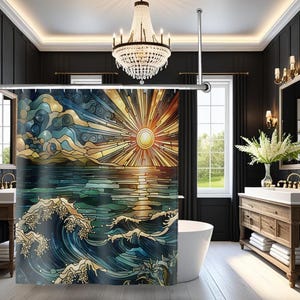 Gebrandschilderd gegolfd douchegordijn: boho oceaandecor afbeelding 3