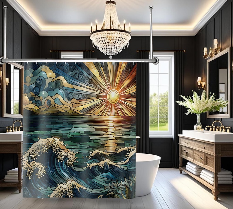 Gebrandschilderd gegolfd douchegordijn: boho oceaandecor afbeelding 3