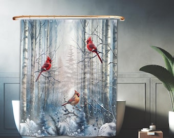 Cardinal Birds Shower Curtain: Winter Birch Forest Bathroom Decor