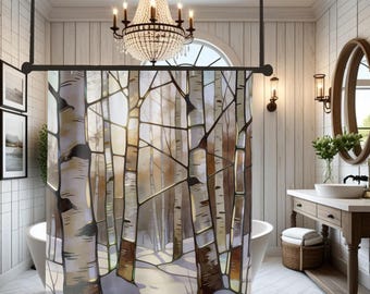 Stained Glass Birch Forest Winter Scene Shower Curtain | Woodland Trees Bathroom Decor