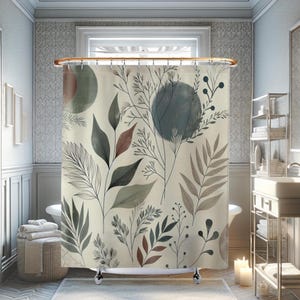 Minimalistischer Boho Stoff Duschvorhang. Mit botanischen und Formen in gedämpftem Salbei, weicher Terrakotta und cremiger taupe Boho Shower