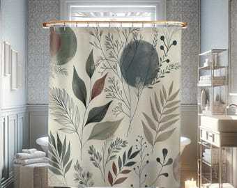 Botanisk Boho Duschdraperi: Geometriskt Abstrakt Dämpad Akvarell Konst Tyg Badrumsdraperi
