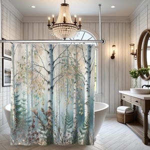 Birch Trees Watercolor Fabric Shower Curtains, Misty Birch Forest Bathroom Decor, Rustic Bath Curtain, Wildlife Bathroom Spa Birch Forest