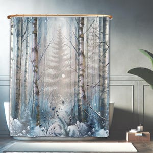 Birch trees Watercolor Shower Curtain, Rustic Bathroom Decor, Winter Snow Scene Home Accents, Nature Lover Gift, Birch Forest Bath Curtain