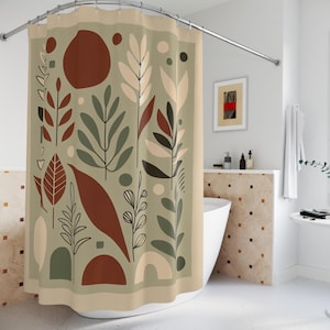Minimalistischer Boho-Stoff-Duschvorhang mit Botanicals, Formen in gedämpftem Salbeigrün, Terrakotta und cremigem Beige. Geometrisch, Boho