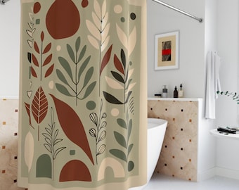 Minimalist Boho Shower Curtain: Botanical Shapes, Muted Green & Terracotta