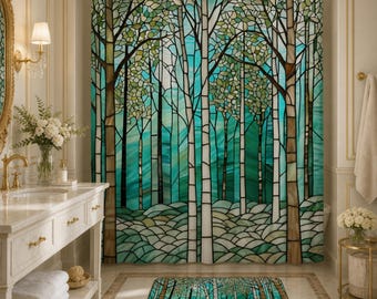 Douchegordijn met gebrandschilderd glas berkenbos: groenblauw natuurdecor