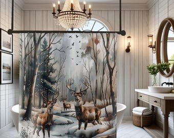 Woodland Deer Scene Shower Curtain | Winter Forest Buck Bathroom Decor Watercolor Art