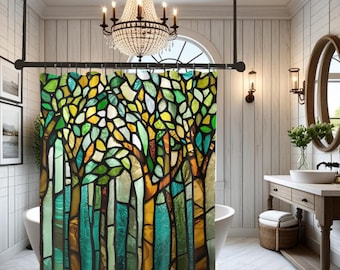 Green Stained Glass Birch Tree Forest Shower Curtain: Watercolor Art